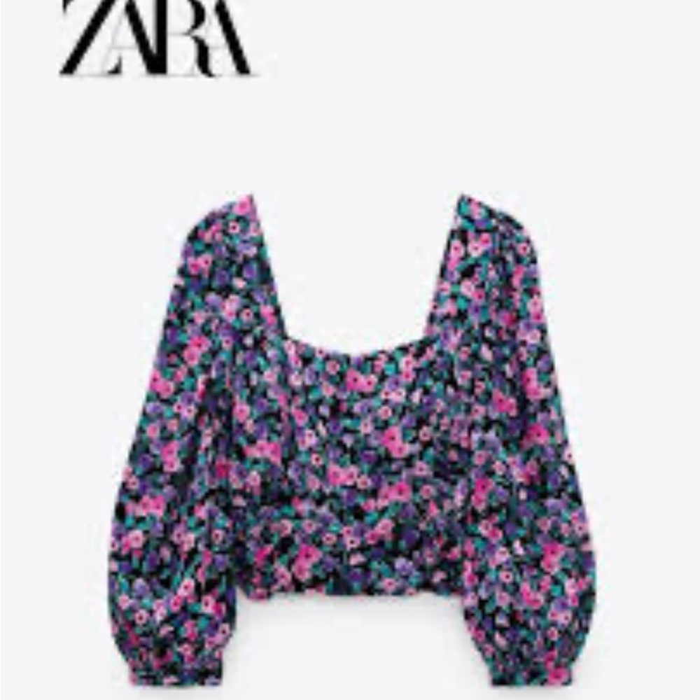 Zara Pink and Blue Puff Sleeve Crop Blouse